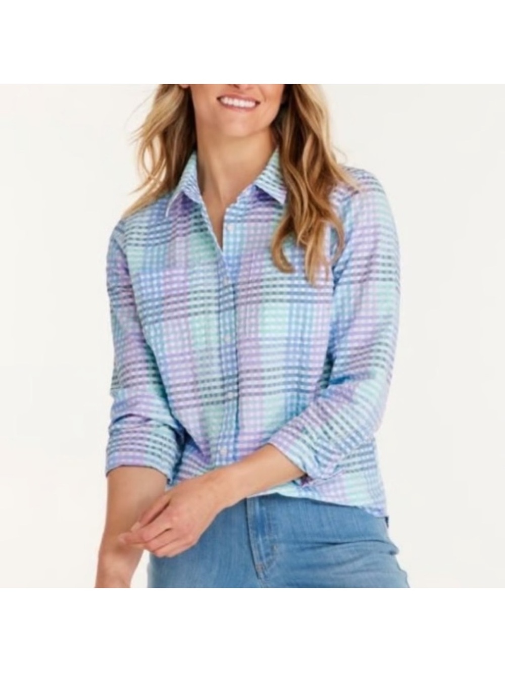 L.L. Bean Pastel Plaid Button-Down Shirt - Blue & Lavender